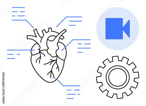 Healthcare innovation, medical education, data visualization, technology integration, research development, video communication. Heart diagram with a gear and video symbol. Healthcare innovation