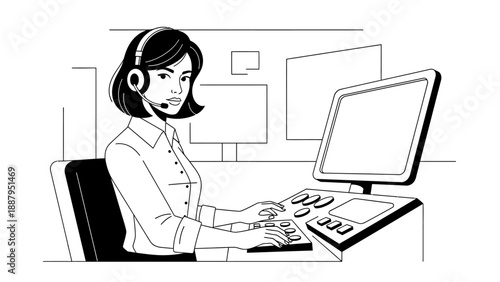 Professional Woman Wearing Headset Working on Computer in Office Setting Line Art