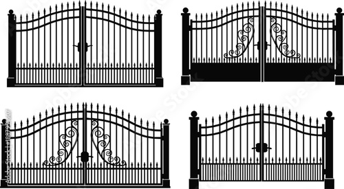 Wrought iron gate silhouette collection featuring decorative metal entrance designs, classic security fencing styles, architectural elements, and elegant vintage gates isolated on white background