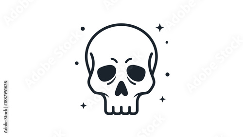 A minimalist skull illustration, outlined in black, with dots & stars, on a white background