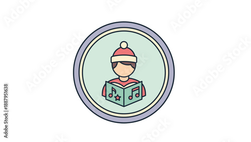 Illustration of a person singing carols, wearing a hat, inside a circle
