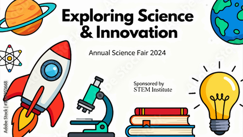 Science Fair Poster with Rocket Microscope and Books