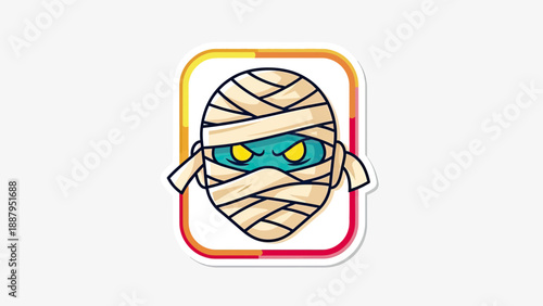 A mummy head sticker icon with yellow eyes and teal skin. Surrounded by colorful border