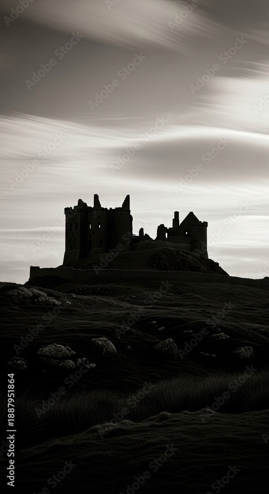 Obraz premium An ancient medieval stone fortress, Eilean Donan Castle stands as a historic Scottish landmark against a vibrant sunset sky over the water in the rugged landscape of the UK