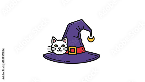 A white cat peeks from a purple witch's hat with a golden crescent charm and red buckle