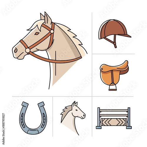 Horse Riding Equipment Bridle Helmet Saddle Horseshoe Vector Graphic Light Beige Background.png