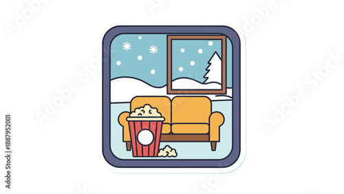 Cozy winter scene of a couch, popcorn, and a snowy view inside a bordered square