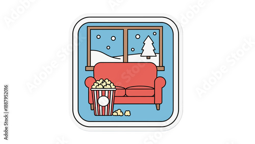 A sticker illustration features a red couch, popcorn, and a window with a snowy winter scene