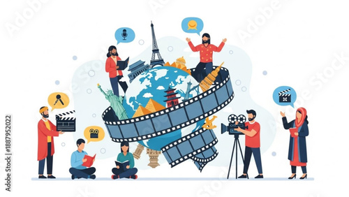 Creative people making movies and videos around the world with film reels and cameras