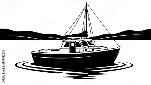 Classic Sailboat Yacht Cruising on Calm Water in a Stylized Black and White Illustration
