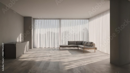 Modern, minimalist living room with large windows. Light-filled, neutral tones