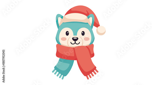 A cute, blue cartoon animal head wearing a Santa hat and a red scarf