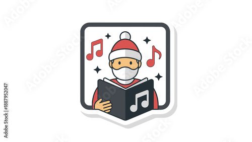A sticker of a masked figure in a Santa hat singing, holding a book, with musical notes
