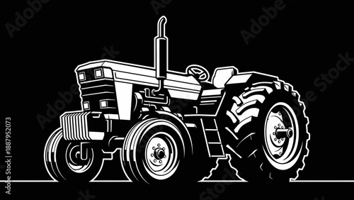 Side Profile of an Agricultural Tractor Farm Vehicle Outline on Black Background
