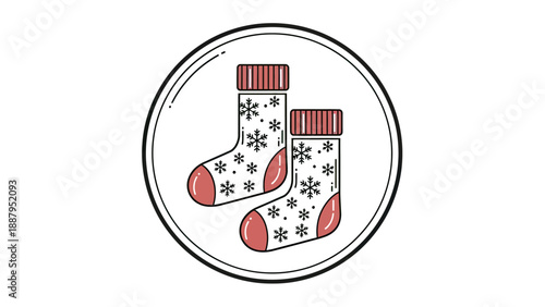 Two winter socks with snowflakes and colored toes and cuffs, inside a black and white circle
