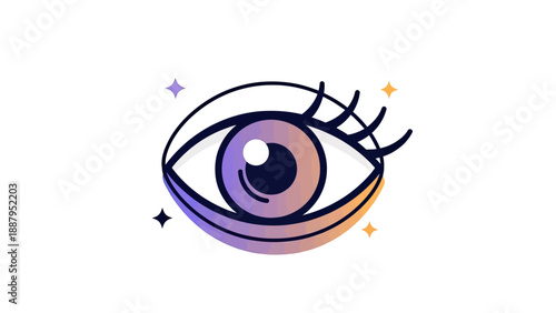 A stylized eye illustration in a gradient of purples and peach, with lashes and stars