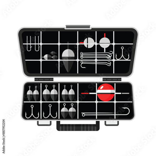 Fishing Tackle Box Vector Illustration. Open Utility Case with Hooks, Bobbers, and Lures. Flat Design Fish Gear Equipment.