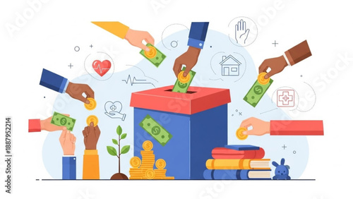 People from diverse backgrounds donating money into a charity box with books and a plant symbolizing generosity and education funding