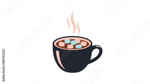 A flat illustration of a dark blue mug with hot drink, marshmallows, and steam