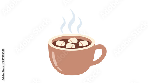 A steaming mug of hot chocolate with marshmallows against a white background