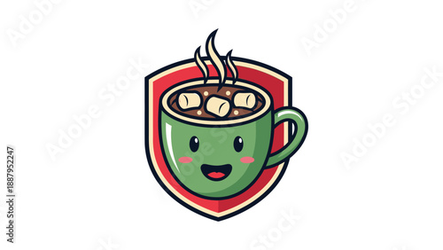 Smiling cartoon mug of cocoa with marshmallows and steam, within a badge shape