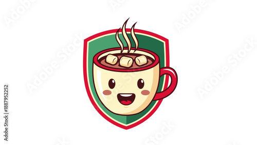 Smiling cartoon hot chocolate cup with marshmallows, steam, and face, in a shield shape