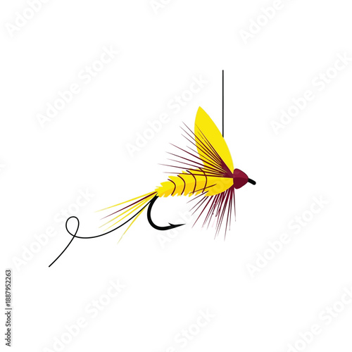 Yellow and Maroon Dry Fly Fishing Lure Vector Icon. Stylized Artificial Trout Bait and Hook Illustration on White Background.