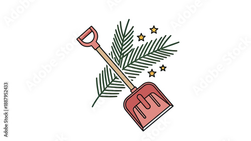 Illustration with a snow shovel, a sprig of pine, and stars. All on a white background