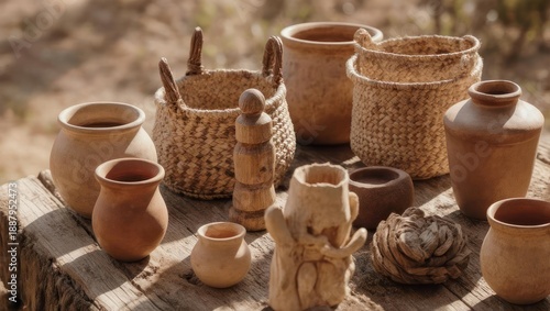 Assorted terracotta and wickerware on weathered wood