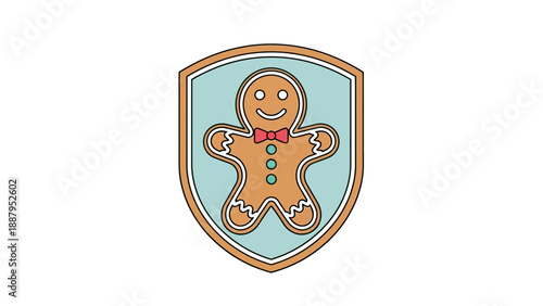 A friendly gingerbread man with bow tie displayed in a shield