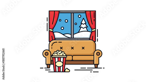 Cartoon scene of a couch with popcorn in front of a window overlooking a snowy scene