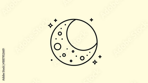 A crescent moon illustration with stars and craters on an off-white background