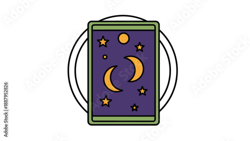 A mystical, stylized night scene with moon, stars, and celestial elements