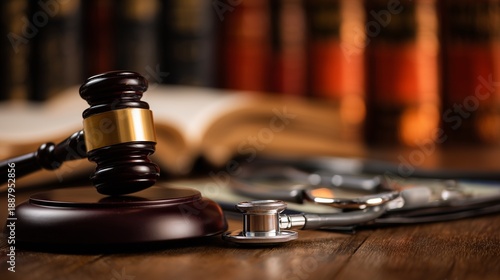 Gavel, stethoscope, law book on courtroom table symbolizing medical malpractice lawyer court proceeding.