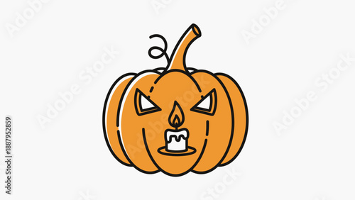A stylized orange pumpkin with carved face and a lit candle. Black outline on white background