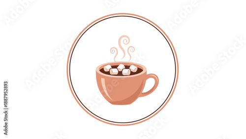 A cartoon mug filled with hot chocolate and marshmallows, steam rising, enclosed in a circle