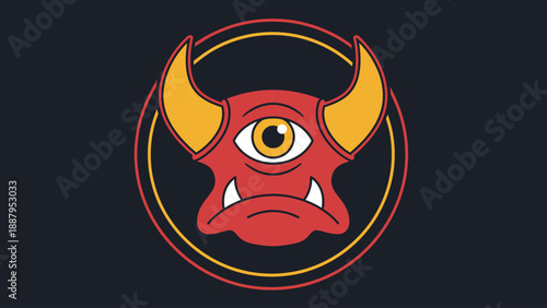 A cyclops demon with horns, one eye, and tusks is framed in a red and yellow ring on black