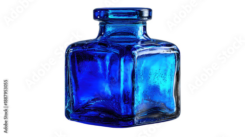 Close-up of a vibrant royal blue glass bottle neck with textured pattern and threaded opening, Evoking vintage charm, craftsmanship,  isolated on transparent backgrounded