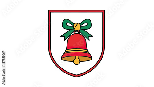 A red bell with a green bow and a gold clapper inside a shield with red/black lines