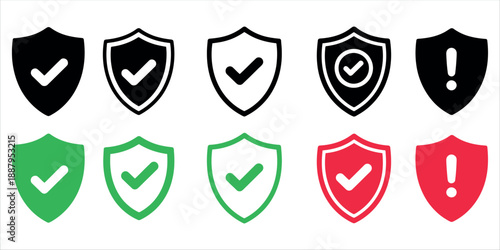 Collection of shield icons featuring checkmarks and exclamation marks for security and status vector illustration.