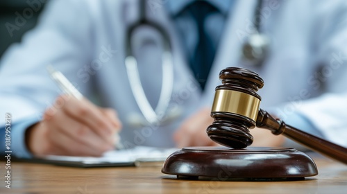 Gavel on desk with doctor writing in background, symbolizing medical malpractice lawyer court proceeding and legal evaluation of medical negligence.