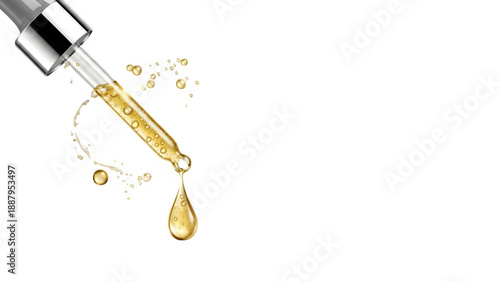 Golden liquid dropping from a pipette isolated on transparent background