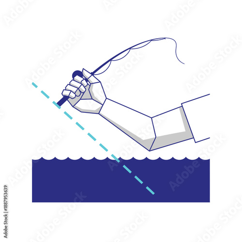 Cybernetic Hand Fishing Illustration: Geometric Angling Technique and Water Depth Icon