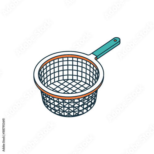 Deep Fry Basket Isometric Outline Icon. Wire Strainer Cooking Utensil Vector Illustration for Kitchen and Restaurant Graphics.