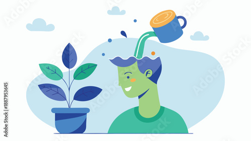 A person nurturing a plant with a watering can in a serene and natural setting, promoting growth and wellness in a clean vector illustration.