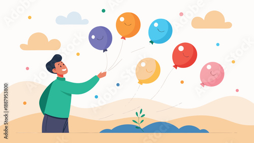 A person gently releases a bunch of colorful balloons into the air, evoking feelings of freedom and joy.