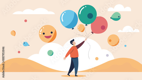A person gently releases a bunch of colorful balloons into the air with a smile, evoking feelings of joy, freedom, and celebration.