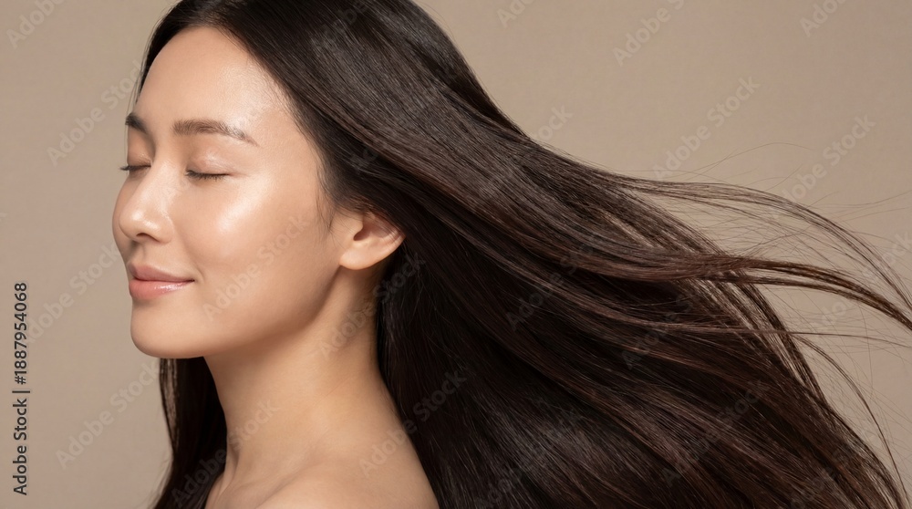 Naklejka premium Stunning profile of an Asian woman with perfect radiant skin and long, luxurious dark hair blowing dramatically. Peaceful studio beauty and haircare portrait.
