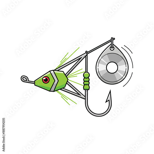 Green Spinnerbait Fishing Lure Icon. Vector Cartoon Illustration of Angling and Fishing Tackle on a White Background.