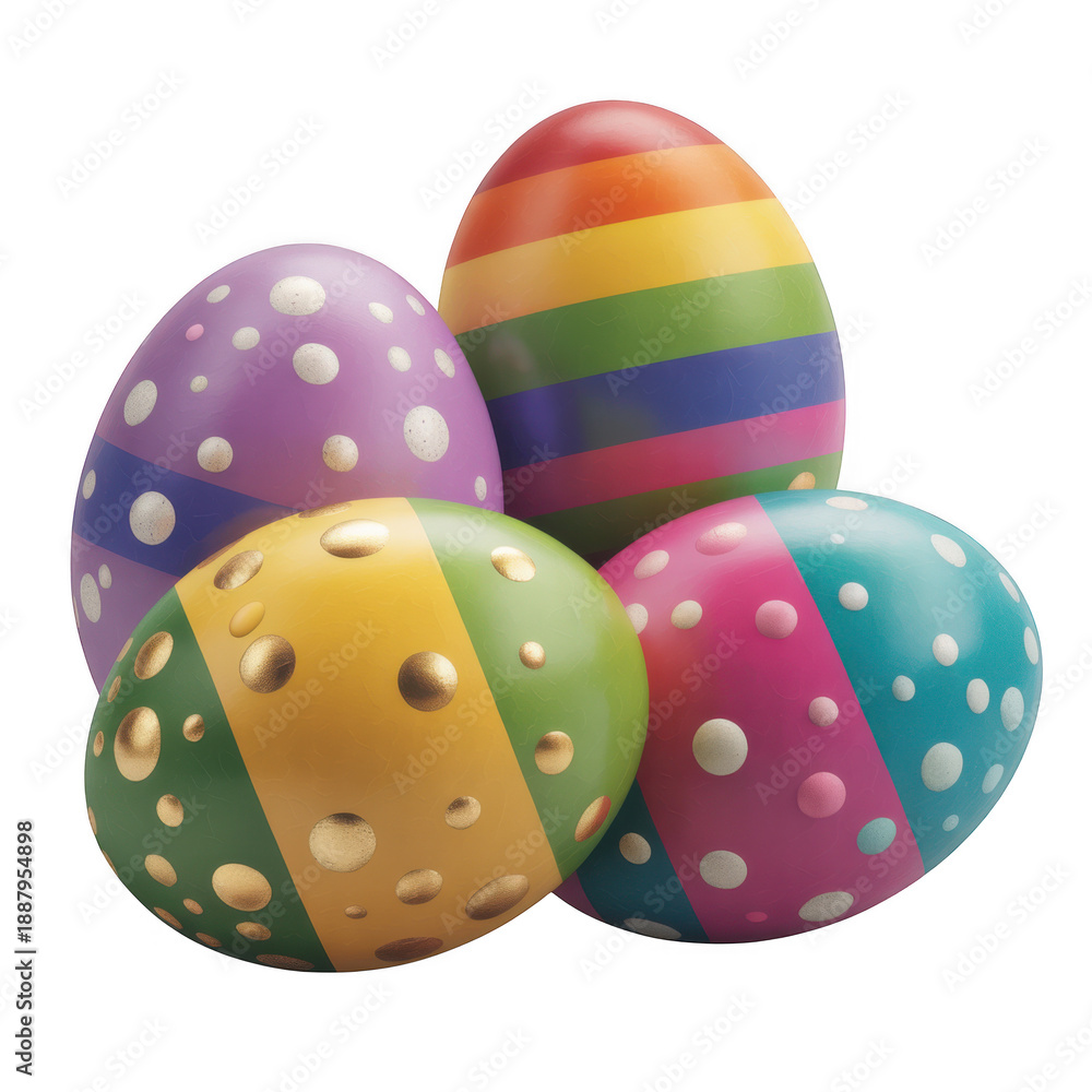 Obraz premium Vibrant cluster of four decorative easter eggs isolated on transparent background. isolated on transparent background
